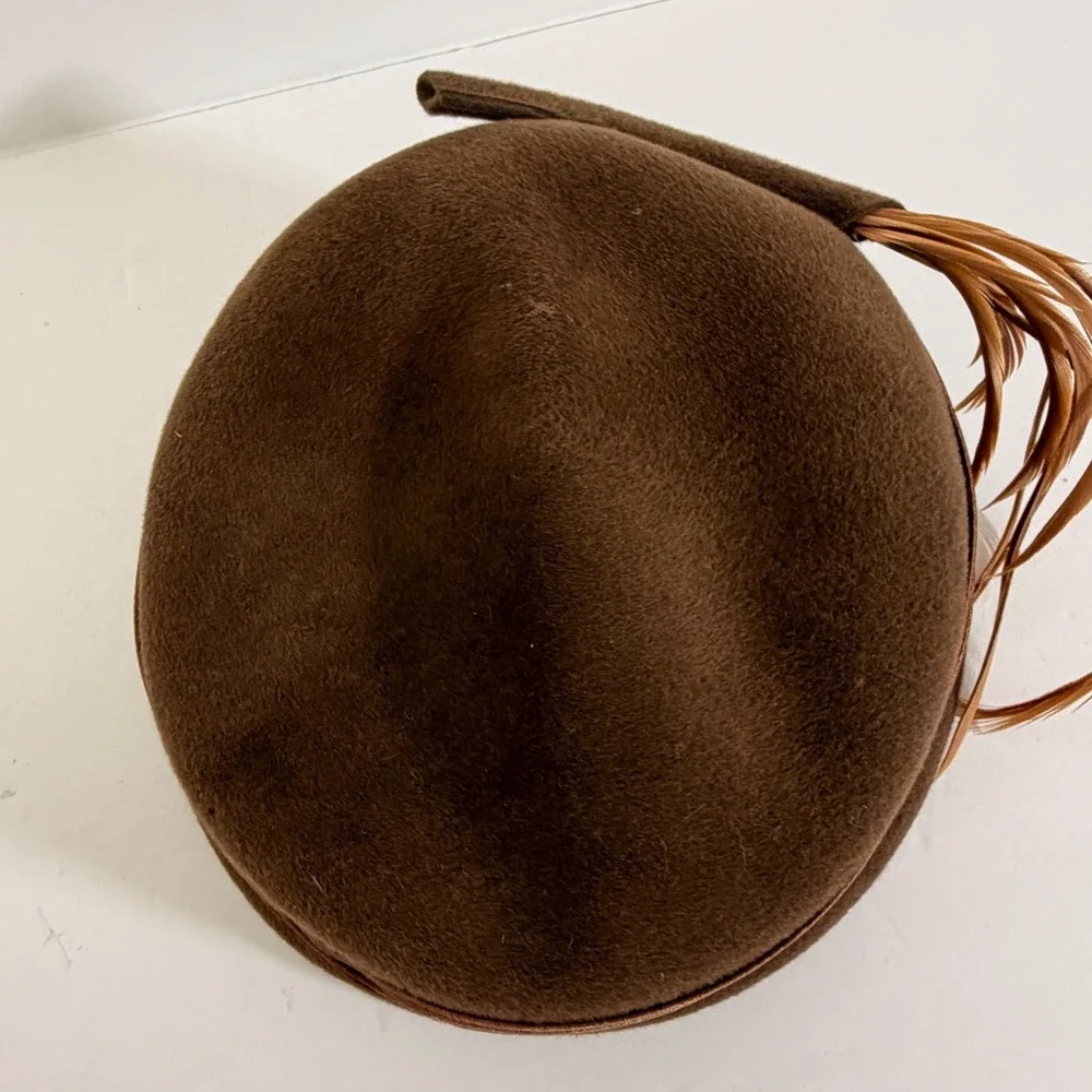 Vintage Deluxe Velour Brown Felt Tilt Hat Feather Cocktail Church Fascinator